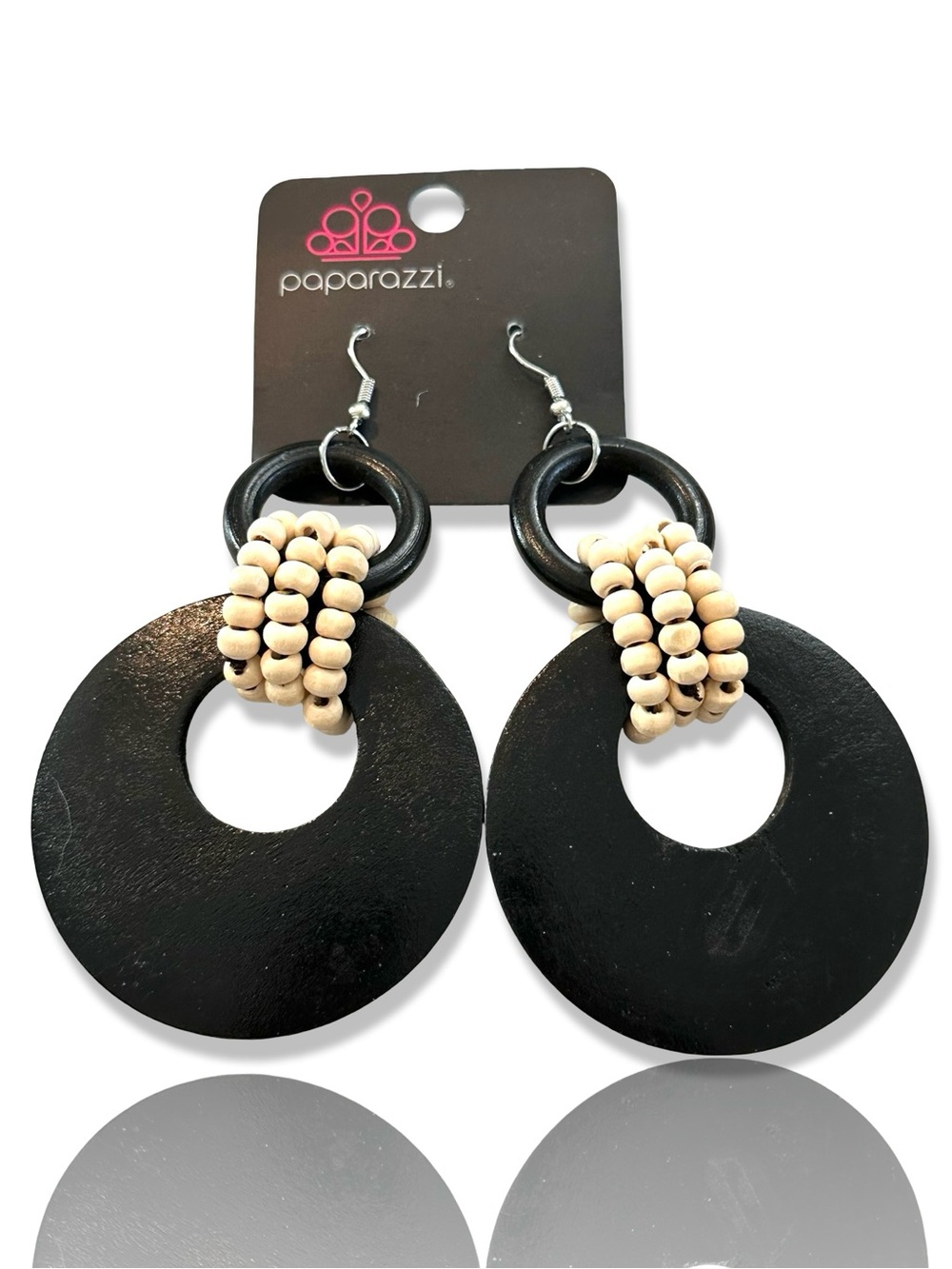 2 for $20 Paparazzi Black and Cream Beaded Wooden Hoop Statement Earrings